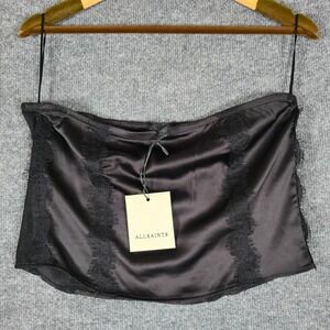 Allsaints Morgan Top Black Satin Lace Trim Smocked Corset Style Size 10